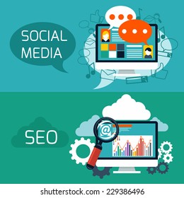 Flat design concept of search engine optimization and social media web application