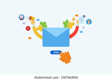 Flat design concept of Sending e-mail, E-mail campaign, Email Newsletter marketing, Advertising network - vector illustration with icons