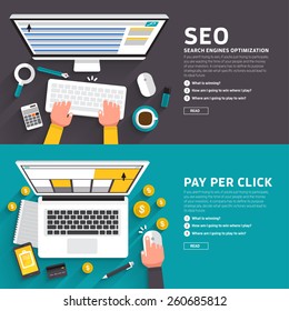 Flat Design Concept For Seo Article And Ad Online Pay Per Click. Vector Illustrate For Flexible Design Banner.