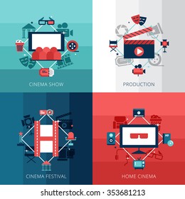 Flat design concept set of cinena show cinema festival and home video technology vector illustration 