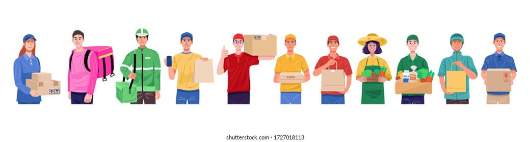 Flat design concept, Set of delivery man in various characters. Vector