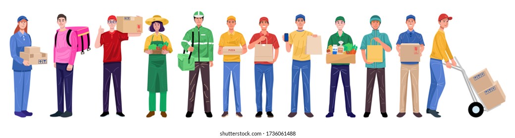 Flat design concept, Set of delivery man in various characters. Vector