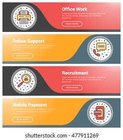 Flat design concept. Set of flat line business website banner templates. Template for website headers. Vector illustration. Modern thin line icons in circle. Office Work, Online Support, Recruitment