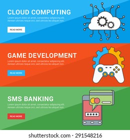 Flat Design Concept. Set of Vector Illustrations for Web Banners. Cloud Computing, Game Development, SMS Banking