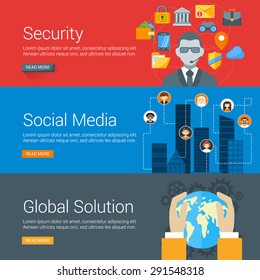 Flat Design Concept. Set of Vector Illustrations for Web Banners. Security, Social Media, Global Solution