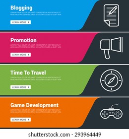 Flat Design Concept. Set of Vector Web Banners. Blogging, Promotion, Time to travel, Game Development