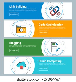 Flat Design Concept. Set of Vector Web Banners. Link Building, Code Optimization, Blogging, Cloud Computing