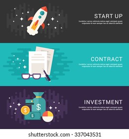 Flat Design Concept. Set of Vector Illustrations for Web Banners. Startup, Contract, Investment