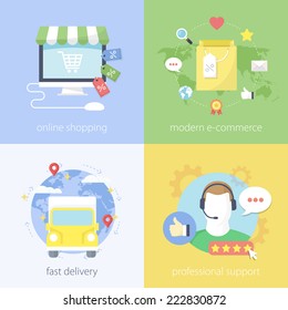 Flat design concept of shopping, e-commerce, delivery, support.