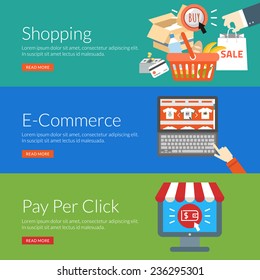 Flat design concept for shopping, e-commerce and pay per click. Vector illustration for web banners and promotional materials