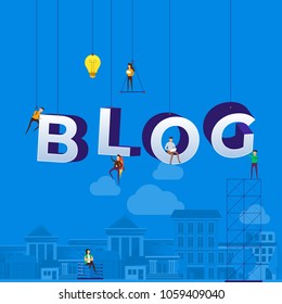 Flat design concept small people working typography word â??BLOGâ?�. Vector illustrate.