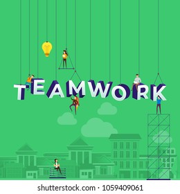 Flat design concept small people working typography word teamwork. Vector illustrate.