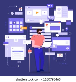 Flat design concept social media monitoring and analysis by people digital business marketing working with visualize. Vector illustrations.
