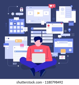 Flat design concept social media monitoring and analysis by people digital business marketing working with visualize. Vector illustrations.