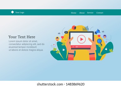 Flat design concept for Social media, playing video, engaging video content, like, share, comments - creative horizontal header banner
