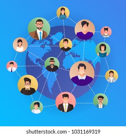 Flat design concept social network. Peoples connecting around the world with line and avatar icon. Vector illustrate.