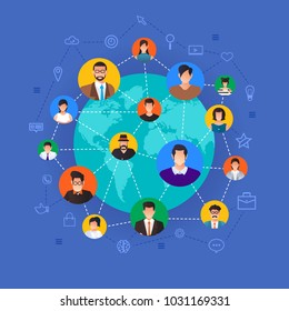 Flat design concept social network. Peoples connecting around the world with line and avatar icon. Vector illustrate.