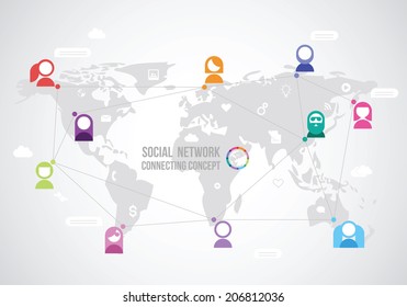 Flat design concept for social network with the world map