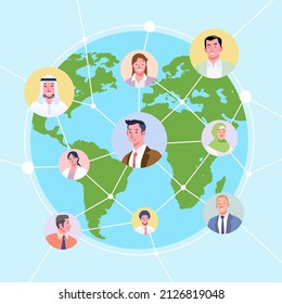 Red social de concepto de diseño plano. Personas que se conectan alrededor del mundo con línea e icono de avatar. Vector ilustrado.