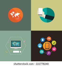 Flat design concept for social network by using modern electronic devices. Concepts for web banners and printed materials