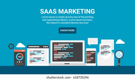 Flat Design Concept Of Software As A Service, Saas Marketing, Digital Product, Technology Marketing Isolated On Blue Background