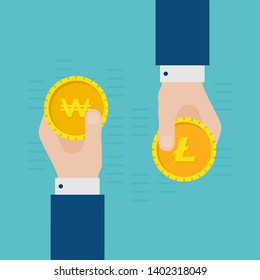 Flat Design Concept of South Korean Won Gold Coin and Litecoin Exchange. Hands Holding Crypto Currency Coins and Making Exchange. Crypto Currency Business Idea Concept Isolated Vector illustration