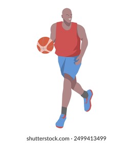 Flat design concept with sportsman playing basketball. Vector illustration isolated on white background