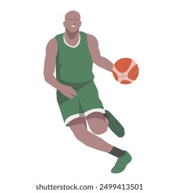 Flat design concept with sportsman playing basketball. Vector illustration isolated on white background