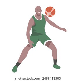 Flat design concept with sportsman playing basketball. Vector illustration isolated on white background