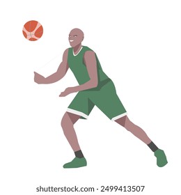 Flat design concept with sportsman playing basketball. Vector illustration isolated on white background