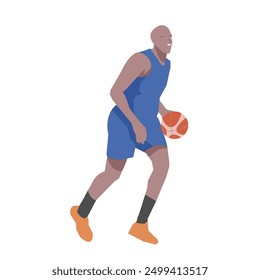 Flat design concept with sportsman playing basketball. Vector illustration isolated on white background