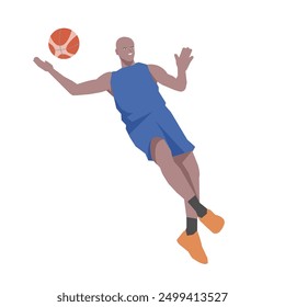 Flat design concept with sportsman playing basketball. Vector illustration isolated on white background