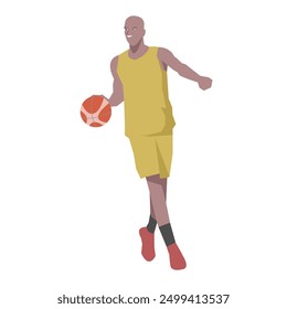 Flat design concept with sportsman playing basketball. Vector illustration isolated on white background