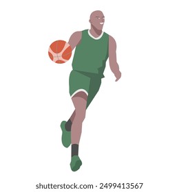 Flat design concept with sportsman playing basketball. Vector illustration isolated on white background