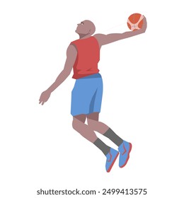 Flat design concept with sportsman playing basketball. Vector illustration isolated on white background