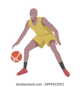 Flat design concept with sportsman playing basketball. Vector illustration isolated on white background