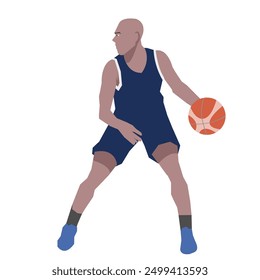 Flat design concept with sportsman playing basketball. Vector illustration isolated on white background