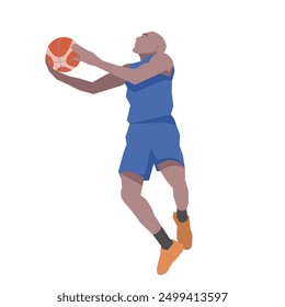 Flat design concept with sportsman playing basketball. Vector illustration isolated on white background