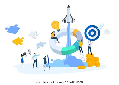 Flat design concept of startup, business plan, launch product or service, teamwork. Vector illustration for website banner, marketing material, business presentation, online advertising.