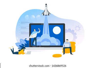 Flat Design Concept Of Startup, Launch Product Or Service. Vector Illustration For Website Banner, Marketing Material, Business Presentation, Online Advertising.