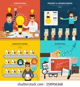 Flat design concept for startup new business process by idea, present, crowdfunding, manufacturing and marketing. Vector Illustration.