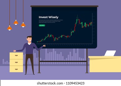 Flat design concept stock exchang and trader. Financial market business with graph chart analysis. Vector illustrations.