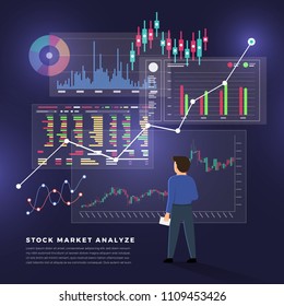 Flat design concept stock exchang and trader. Financial market business with graph chart analysis. Vector illustrations.