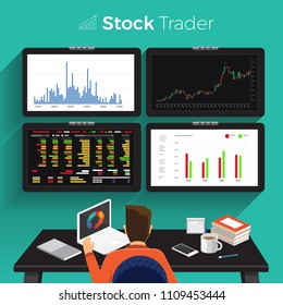 Flat design concept stock exchang and trader. Financial market business with graph chart analysis. Vector illustrations.