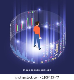 Flat Design Concept Stock Exchang And Trader. Financial Market Business With Graph Chart Analysis. Isometric Vector Illustrations.