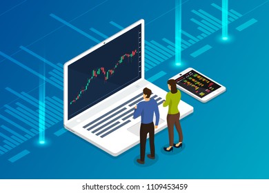 Flat Design Concept Stock Exchang And Trader. Financial Market Business With Graph Chart Analysis. Isometric Vector Illustrations.