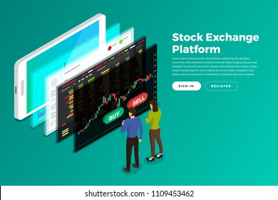 Flat Design Concept Stock Exchang And Trader. Financial Market Business With Graph Chart Analysis. Isometric Vector Illustrations.