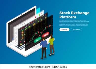 Flat design concept stock exchang and trader. Financial market business with graph chart analysis. Isometric Vector illustrations.