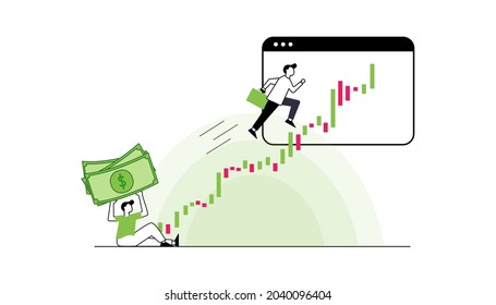 El concepto de diseño plano para el intercambio y el comerciante. El negocio de los mercados financieros con análisis de gráficos. Isometric Vector ilustrations.