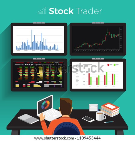 Flat design concept stock exchang and trader. Financial market business with graph chart analysis. Vector illustrations.